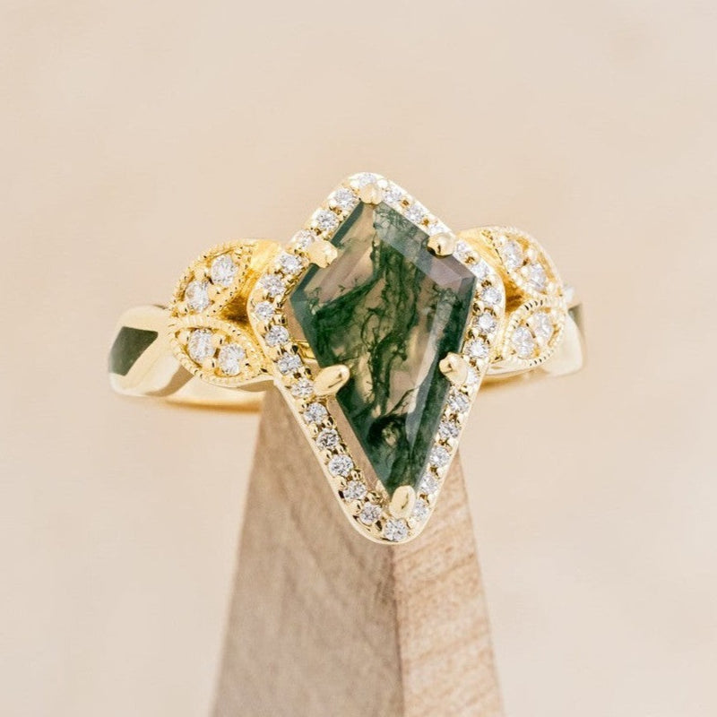 "LUCY IN THE SKY" - KITE CUT MOSS AGATE ENGAGEMENT RING WITH DIAMOND HALO & MOSS INLAYS
