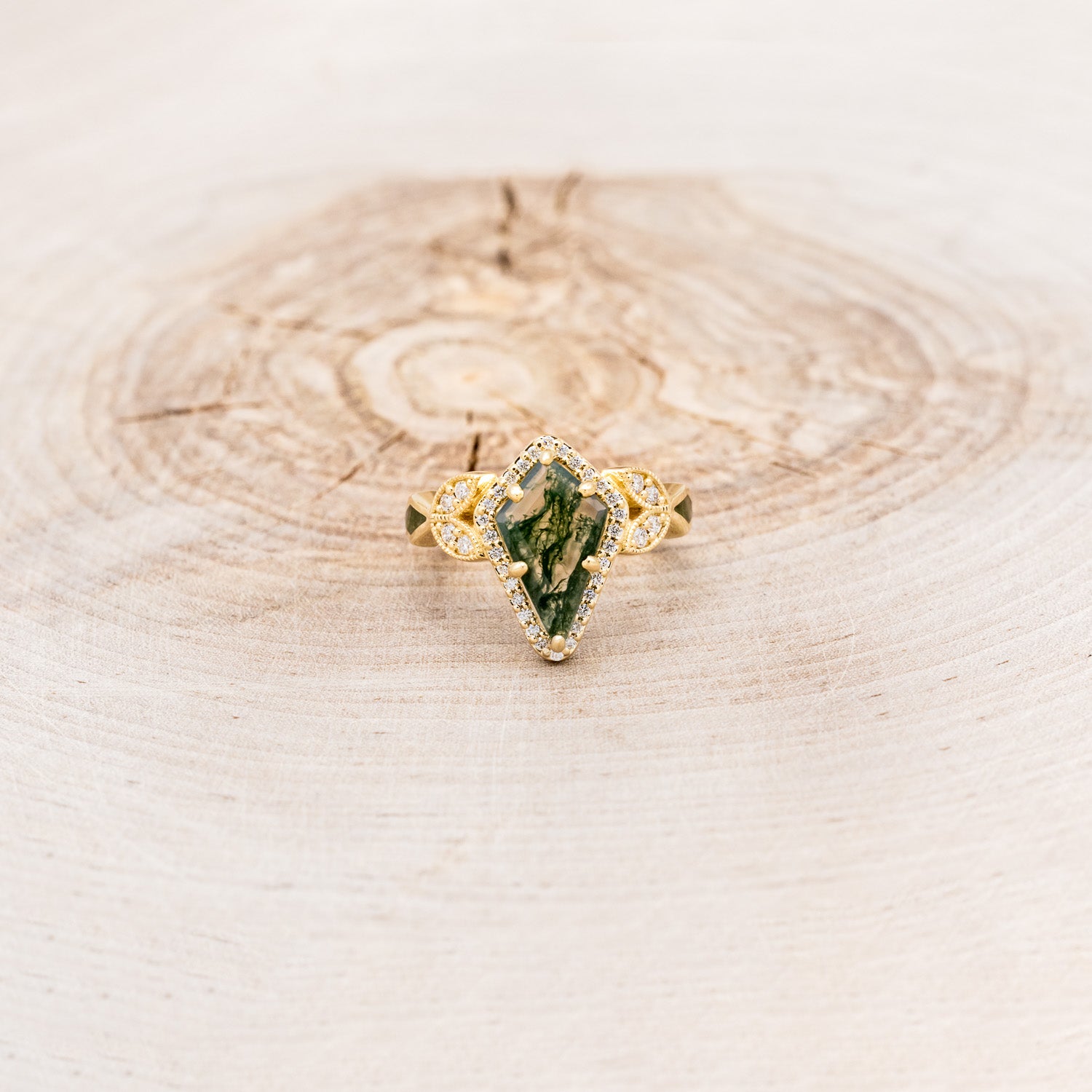"LUCY IN THE SKY" - KITE CUT MOSS AGATE ENGAGEMENT RING WITH DIAMOND HALO & MOSS INLAYS-4
