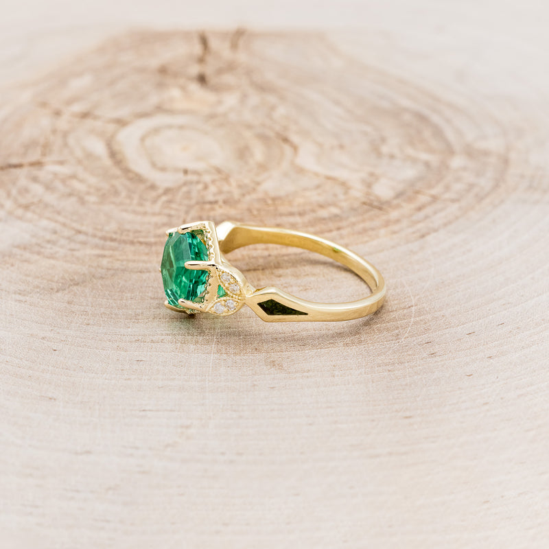 "LUCY IN THE SKY" - HEXAGON LAB GROWN EMERALD ENGAGEMENT RING WITH DIAMOND HALO & MOSS INLAYS-3