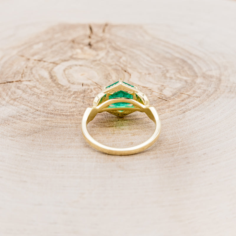 "LUCY IN THE SKY" - HEXAGON LAB GROWN EMERALD ENGAGEMENT RING WITH DIAMOND HALO & MOSS INLAYS-5