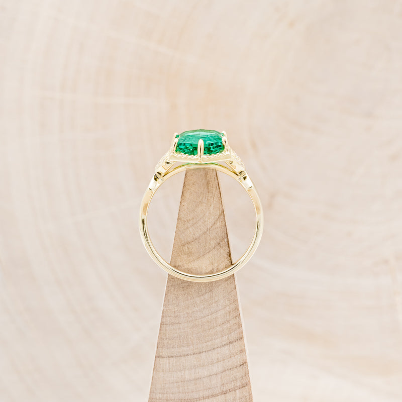 "LUCY IN THE SKY" - HEXAGON LAB GROWN EMERALD ENGAGEMENT RING WITH DIAMOND HALO & MOSS INLAYS-6