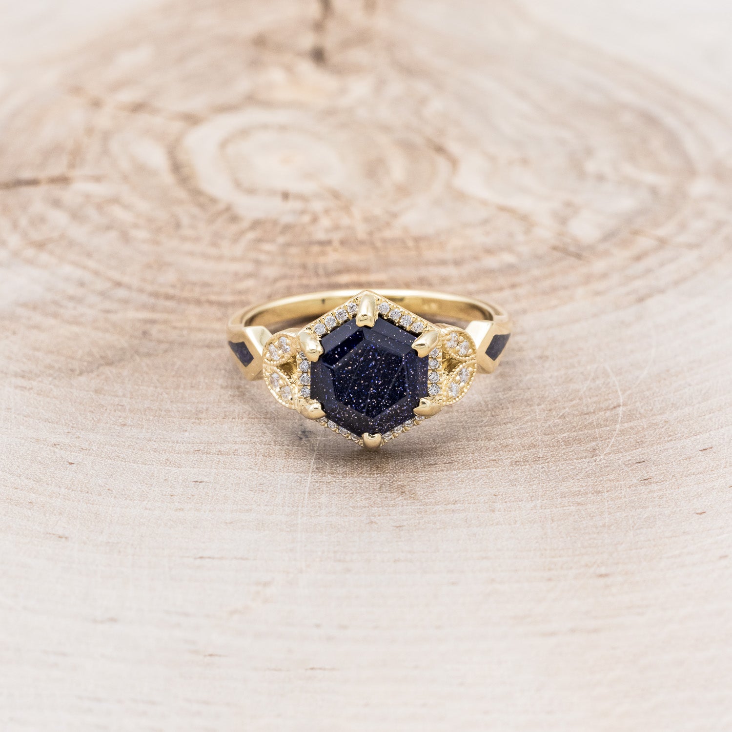 "LUCY IN THE SKY" - HEXAGON BLUE GOLDSTONE ENGAGEMENT RING WITH DIAMOND HALO & GOLDSTONE INLAYS-5