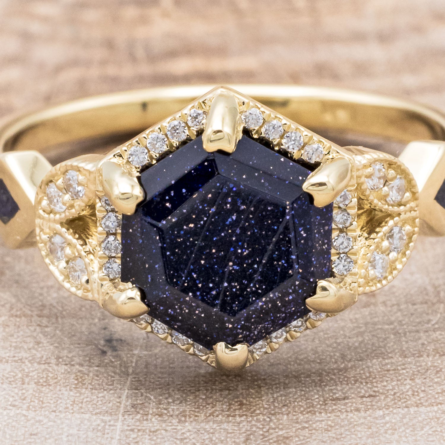 "LUCY IN THE SKY" - HEXAGON BLUE GOLDSTONE ENGAGEMENT RING WITH DIAMOND HALO & GOLDSTONE INLAYS-4