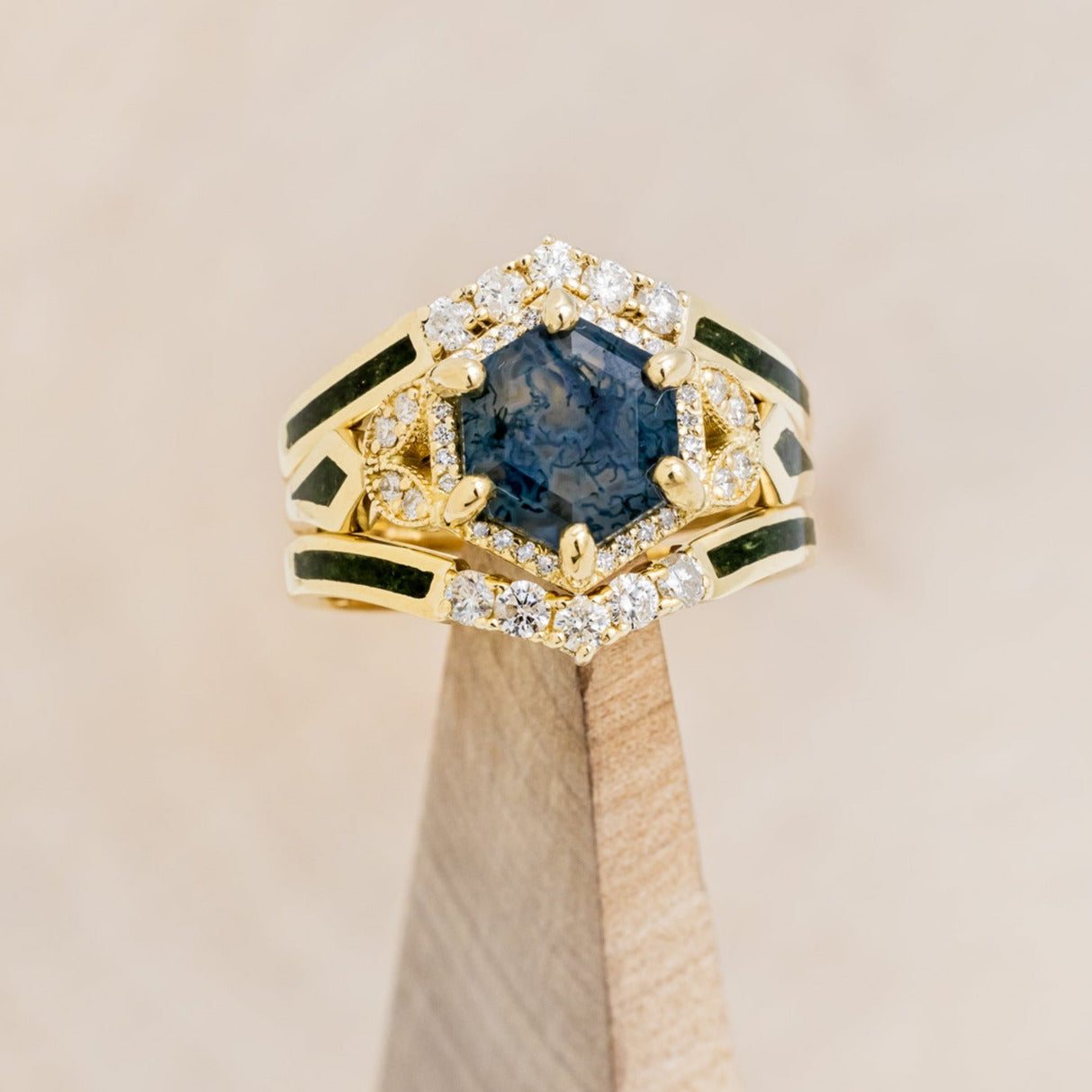 "LUCY IN THE SKY" - HEXAGON MOSS AGATE ENGAGEMENT RING WITH DIAMOND HALO, MOSS INLAYS & THE "RAYA" RING GUARD-19