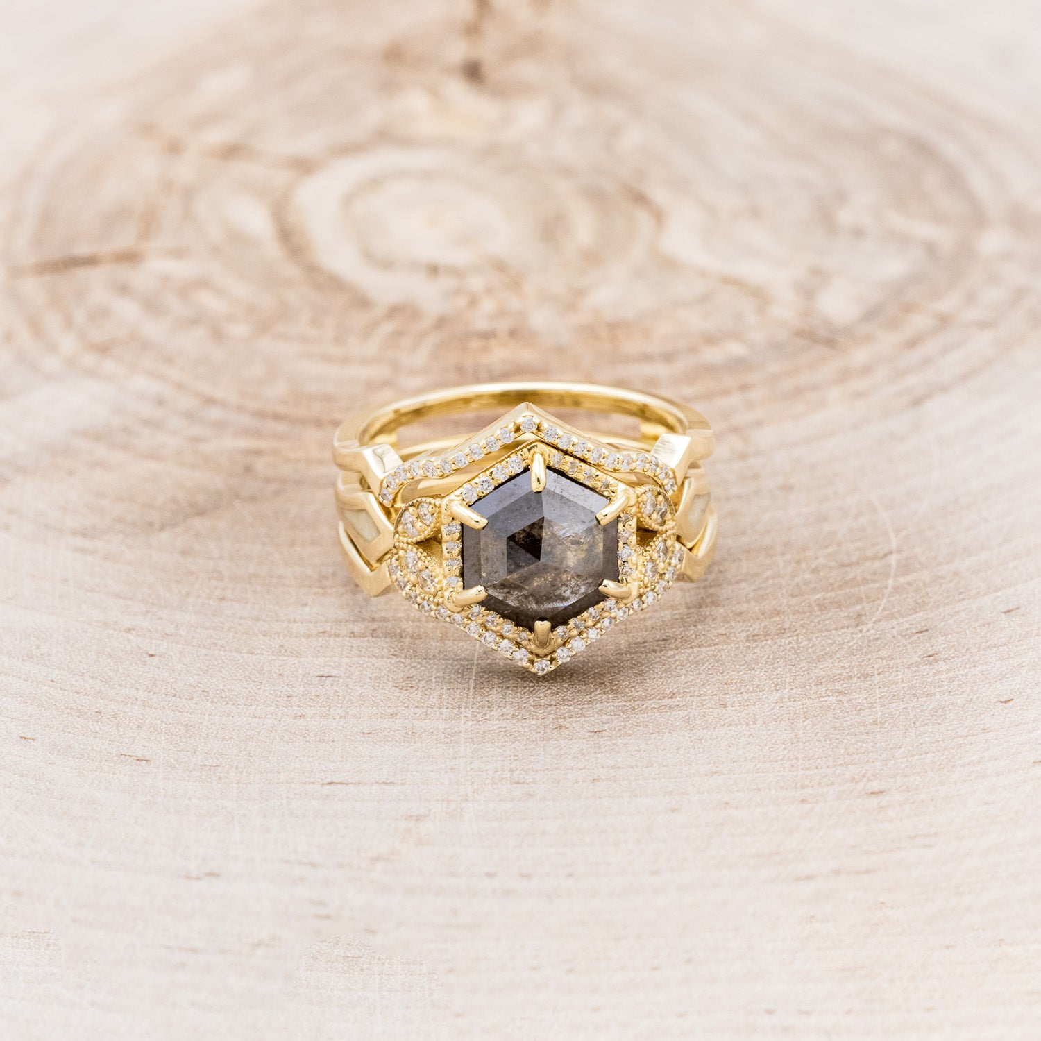 "LUCY IN THE SKY" - HEXAGON SALT & PEPPER DIAMOND ENGAGEMENT RING WITH DIAMOND ACCENTS, ANTLER INLAYS & RING GUARD-2