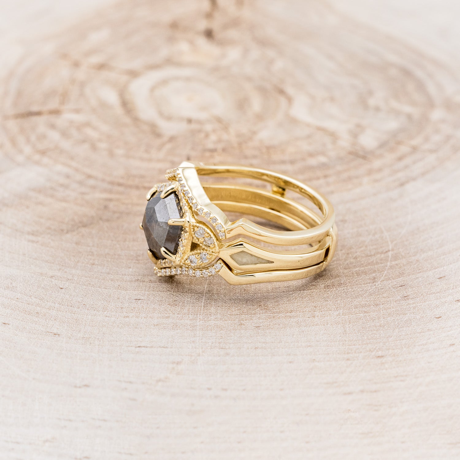 "LUCY IN THE SKY" - HEXAGON SALT & PEPPER DIAMOND ENGAGEMENT RING WITH DIAMOND ACCENTS, ANTLER INLAYS & RING GUARD-4