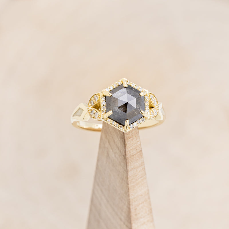 "LUCY IN THE SKY" - HEXAGON SALT & PEPPER DIAMOND ENGAGEMENT RING WITH DIAMOND ACCENTS, ANTLER INLAYS & RING GUARD
