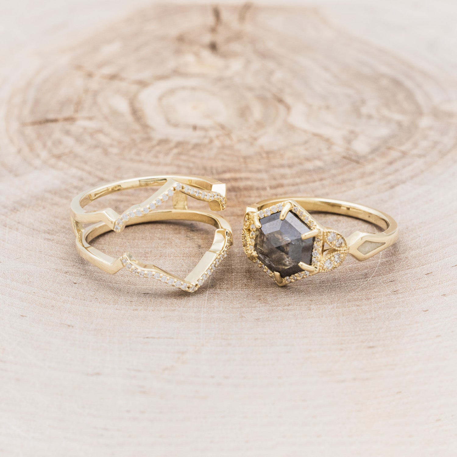 "LUCY IN THE SKY" - HEXAGON SALT & PEPPER DIAMOND ENGAGEMENT RING WITH DIAMOND ACCENTS, ANTLER INLAYS & RING GUARD-6