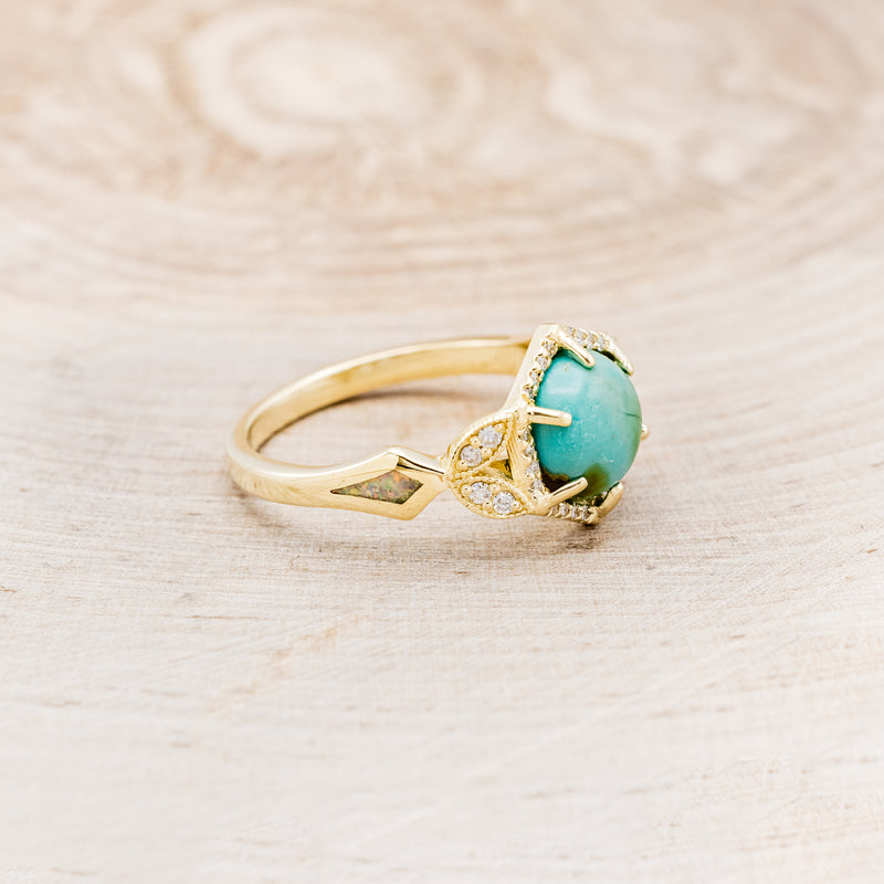 "LUCY IN THE SKY" - ROUND CUT TURQUOISE ENGAGEMENT RING WITH DIAMOND ACCENTS & FIRE AND ICE OPAL INLAYS