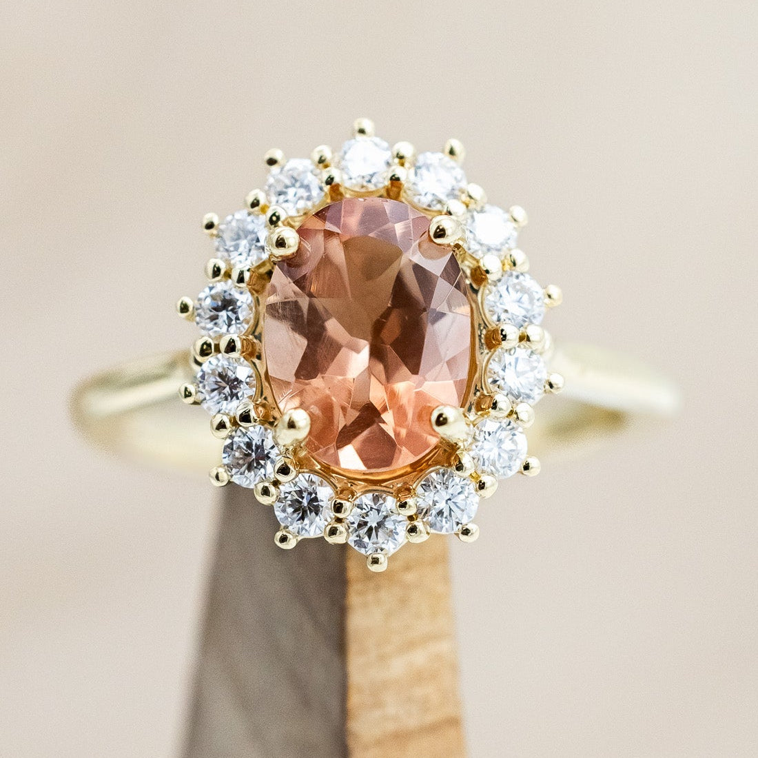 "MALINA" - OVAL OREGON SUNSTONE ENGAGEMENT RING WITH DIAMOND HALO-Staghead Designs