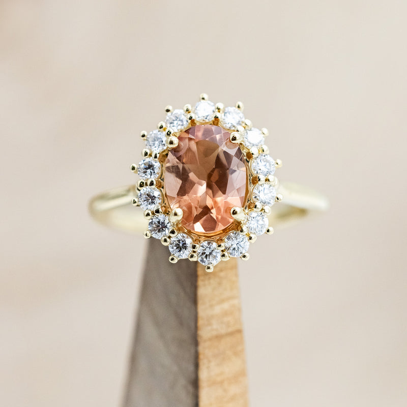 "MALINA" - OVAL OREGON SUNSTONE ENGAGEMENT RING WITH DIAMOND HALO