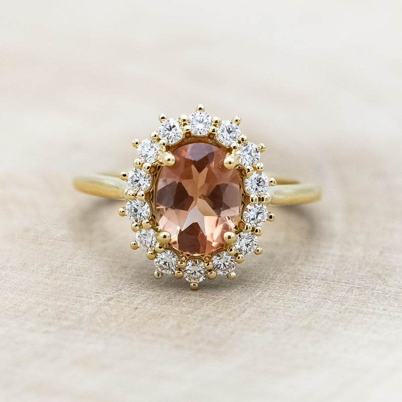 "MALINA" - OVAL OREGON SUNSTONE ENGAGEMENT RING WITH DIAMOND HALO