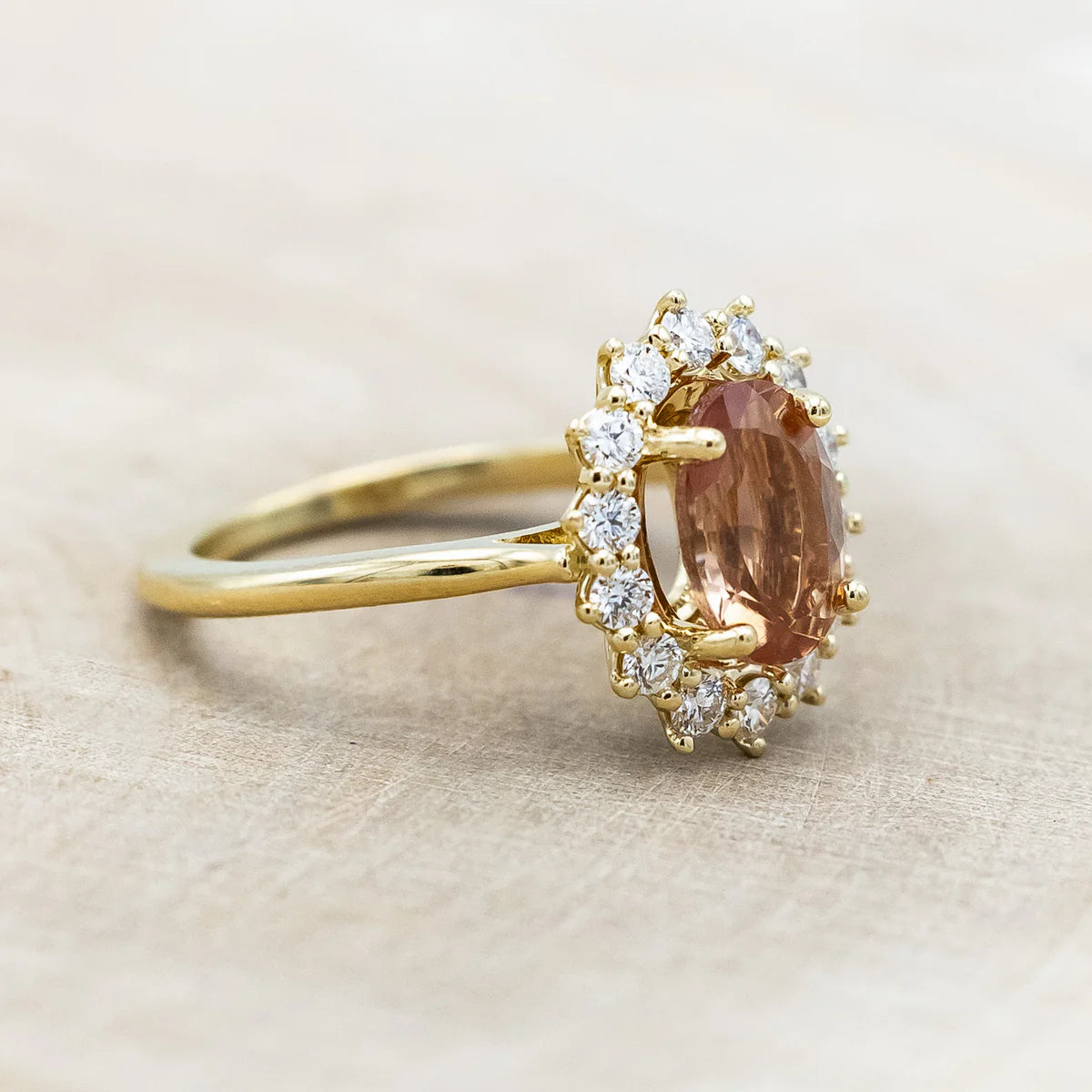 "Malina" - Oval Cut Oregon Sunstone Engagement Ring With Diamond Halo - 14K Yellow Gold - Size 6