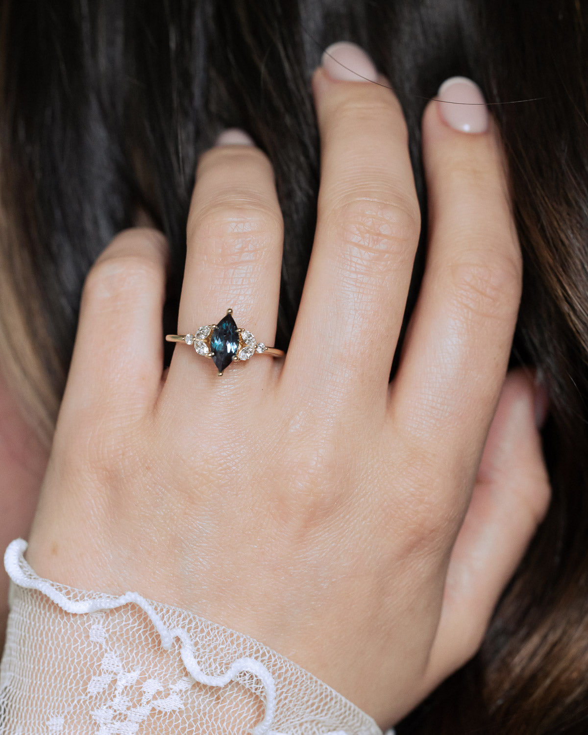 "BLOSSOM" - MARQUISE CUT LAB-GROWN ALEXANDRITE ENGAGEMENT RING WITH DIAMOND ACCENTS-Staghead Designs