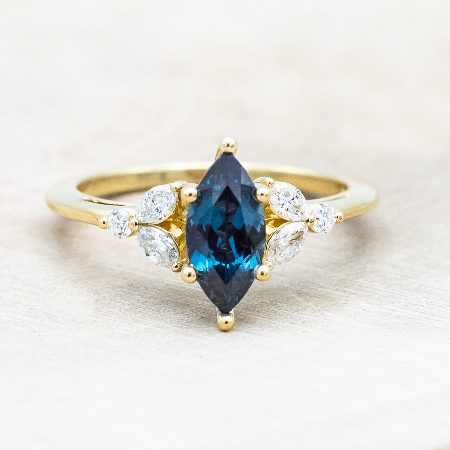 "BLOSSOM" - MARQUISE CUT LAB-GROWN ALEXANDRITE ENGAGEMENT RING WITH DIAMOND ACCENTS-Staghead Designs