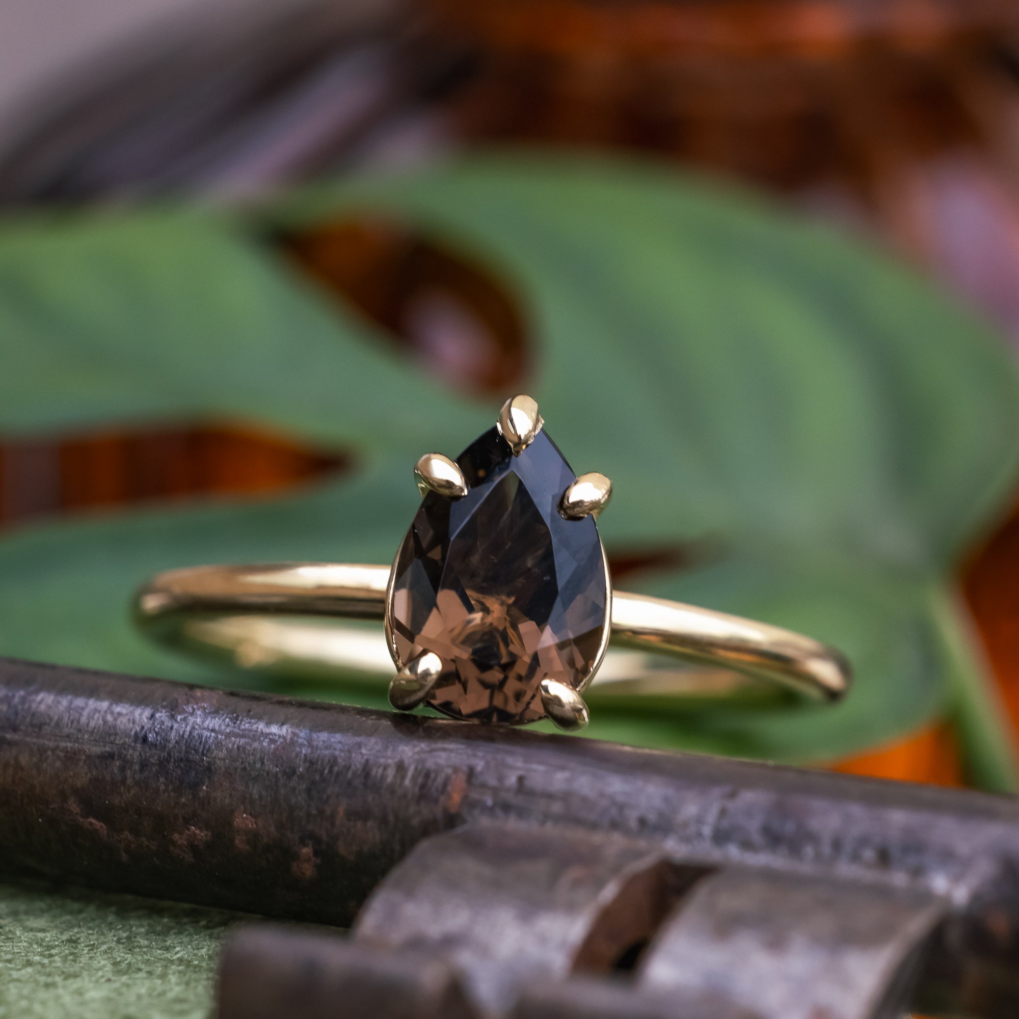 "Maven" - Claw Prong Pear Cut Smoky Quartz Solitaire Engagement Ring-Staghead Designs