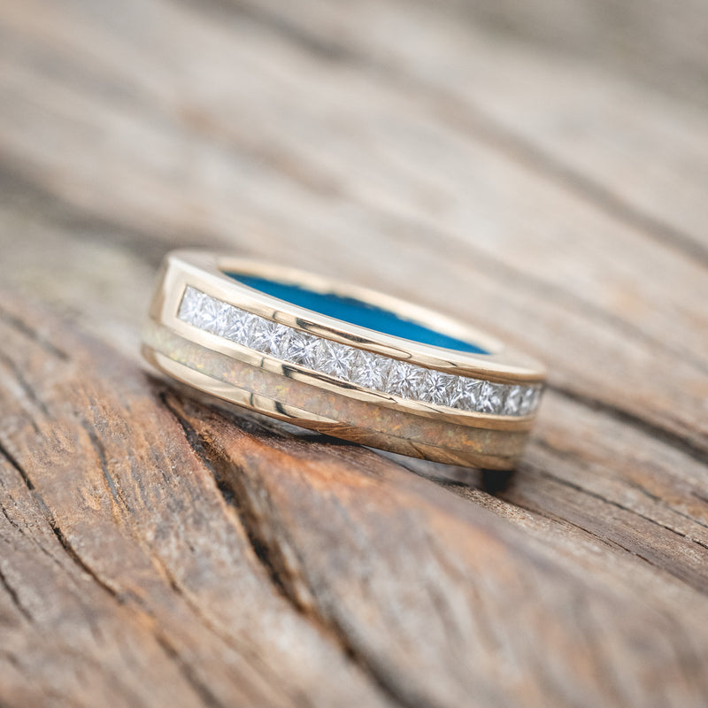 "MEMPHIS" - DIAMONDS & FIRE AND ICE OPAL WEDDING BAND FEATURING A TURQUOISE LINED 14K GOLD BAND-Staghead Designs