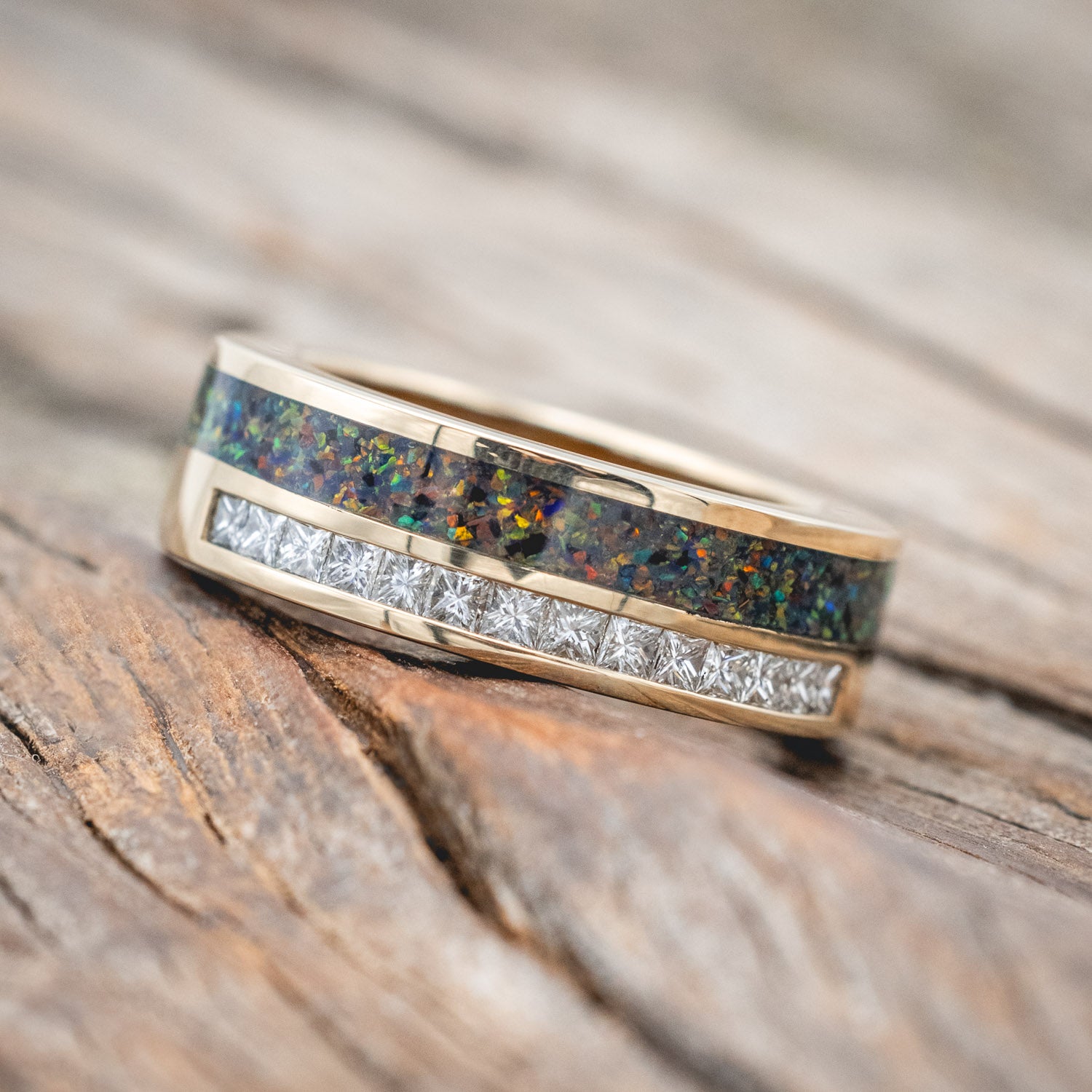 "MEMPHIS" - DIAMONDS & BLACK FIRE OPAL WEDDING BAND FEATURING A WHISKEY BARREL LINED 14K GOLD BAND-Staghead Designs