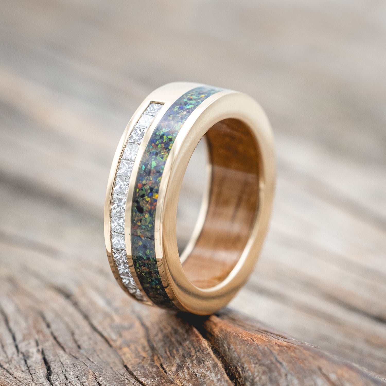 "MEMPHIS" - DIAMONDS & BLACK FIRE OPAL WEDDING BAND FEATURING A WHISKEY BARREL LINED 14K GOLD BAND-Staghead Designs
