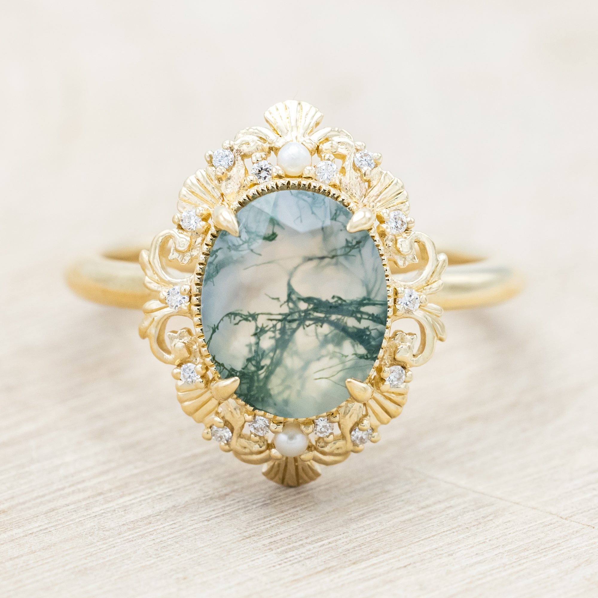 "MERROW" - OVAL CUT ENGAGEMENT RING WITH PEARL ACCENTS AND DIAMOND TRACER-Staghead Designs