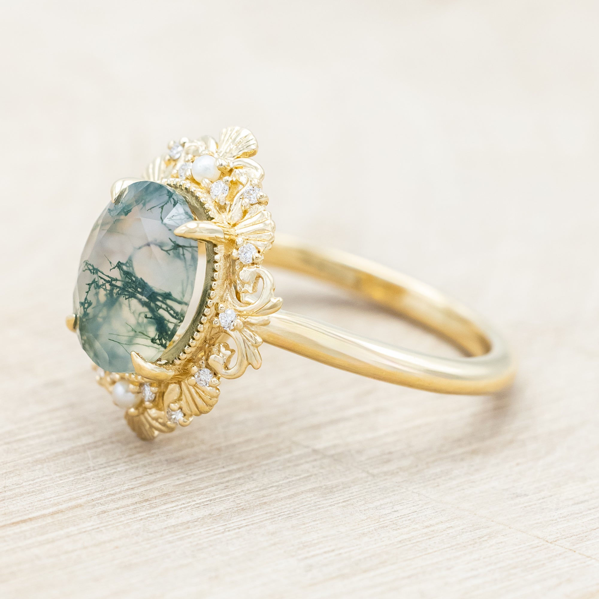 "MERROW" - OVAL CUT ENGAGEMENT RING WITH PEARL ACCENTS AND DIAMOND TRACER-Staghead Designs