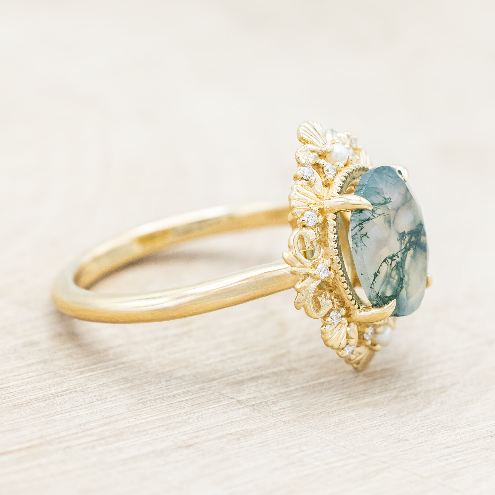 "MERROW" - OVAL CUT ENGAGEMENT RING WITH PEARL ACCENTS AND DIAMOND TRACER-Staghead Designs