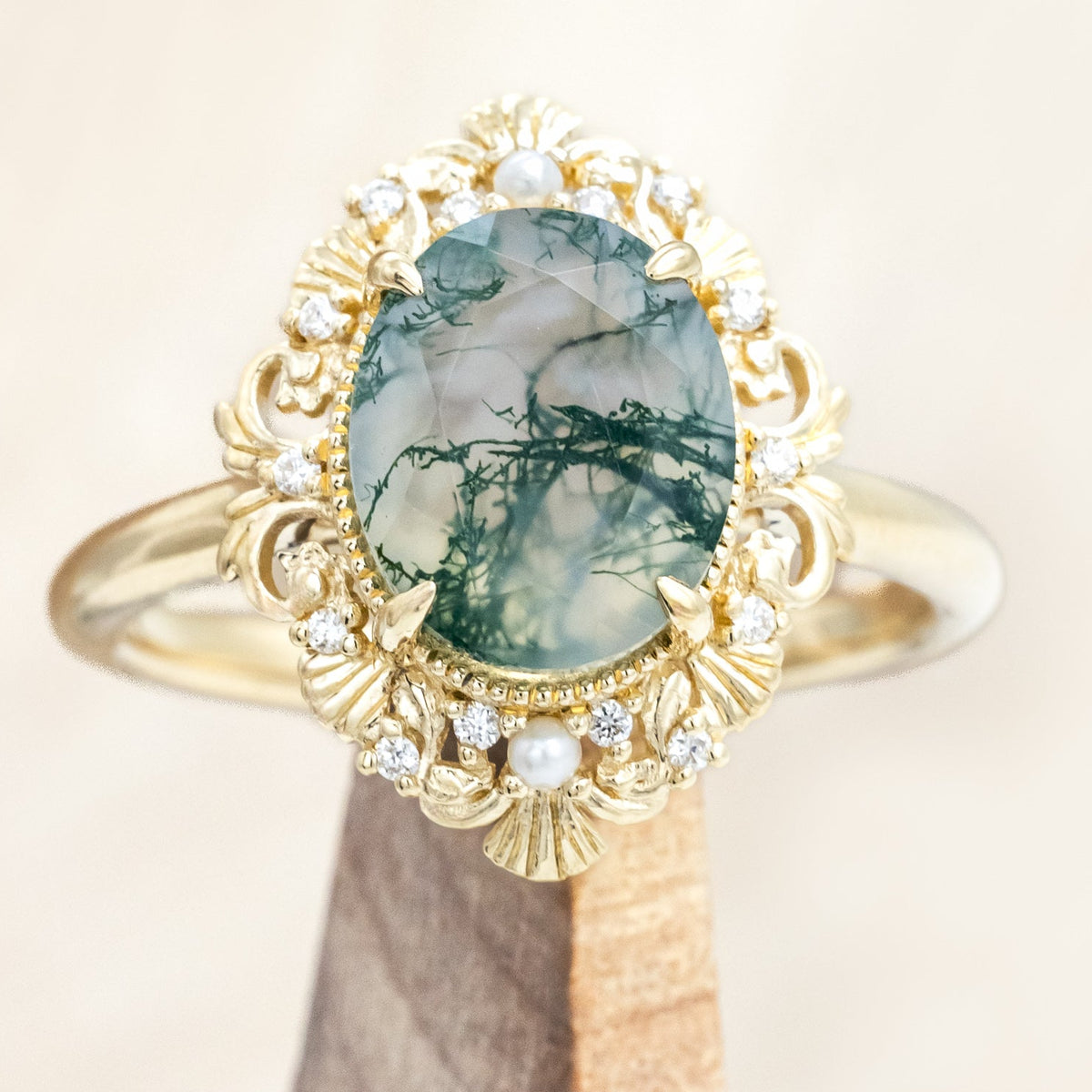 "MERROW" - OVAL CUT ENGAGEMENT RING WITH PEARL ACCENTS AND DIAMOND TRACER-Staghead Designs