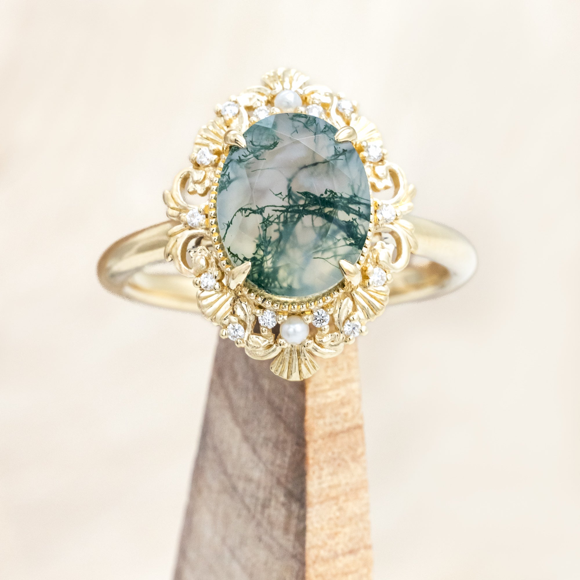 "MERROW" - OVAL CUT ENGAGEMENT RING WITH PEARL ACCENTS AND DIAMOND TRACER-Staghead Designs