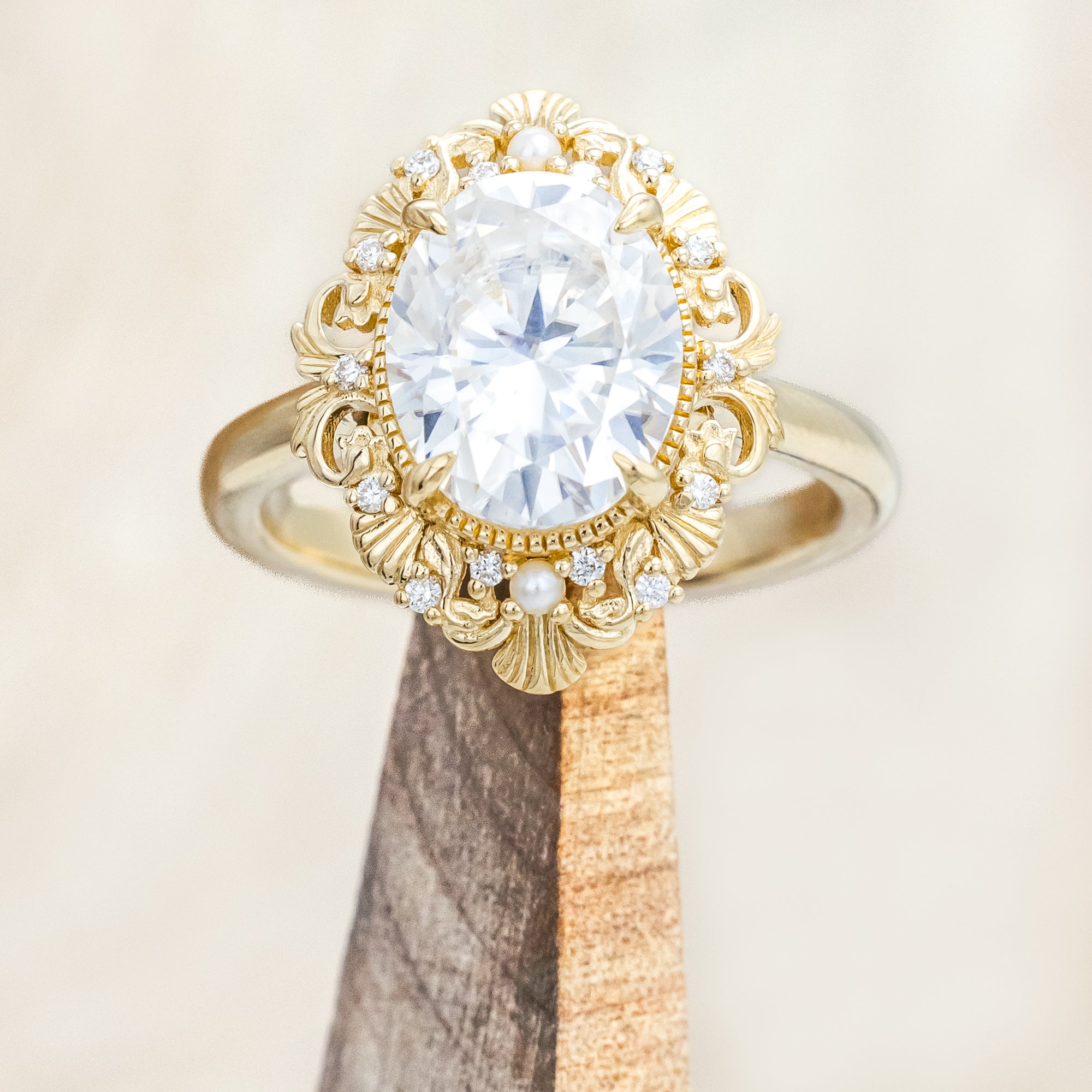 "MERROW" - OVAL CUT ENGAGEMENT RING WITH PEARL ACCENTS AND DIAMOND TRACER-Staghead Designs