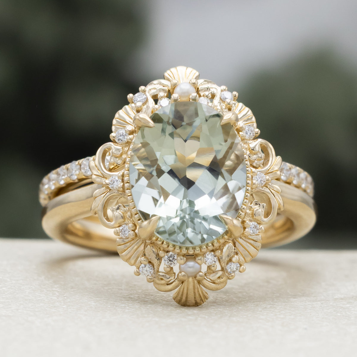 "Merrow" - Oval Cut Prasiolite Engagement Ring With Pearl Accents And Diamond Tracer-Staghead Designs