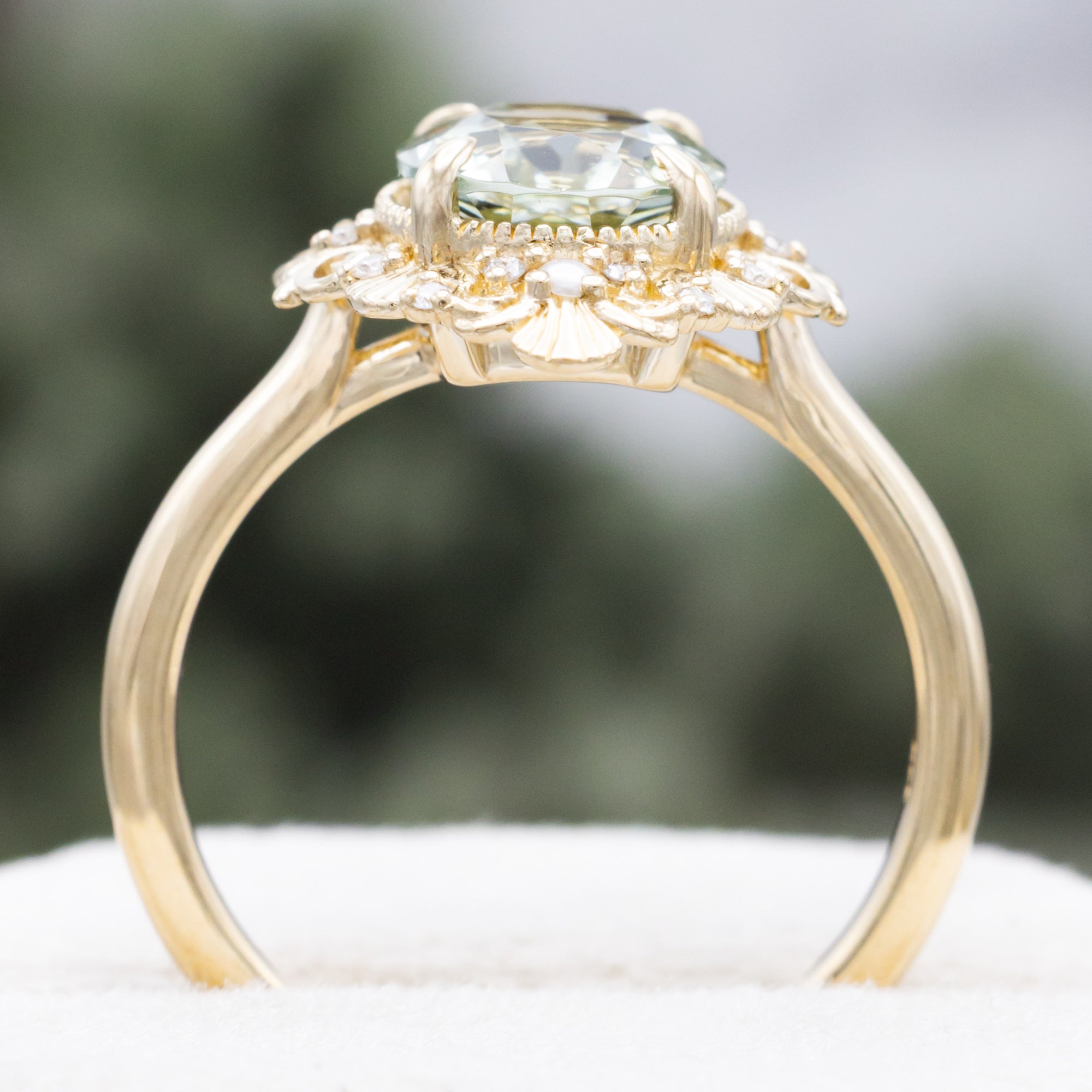 "MERROW" - OVAL CUT ENGAGEMENT RING WITH PEARL ACCENTS AND DIAMOND TRACER