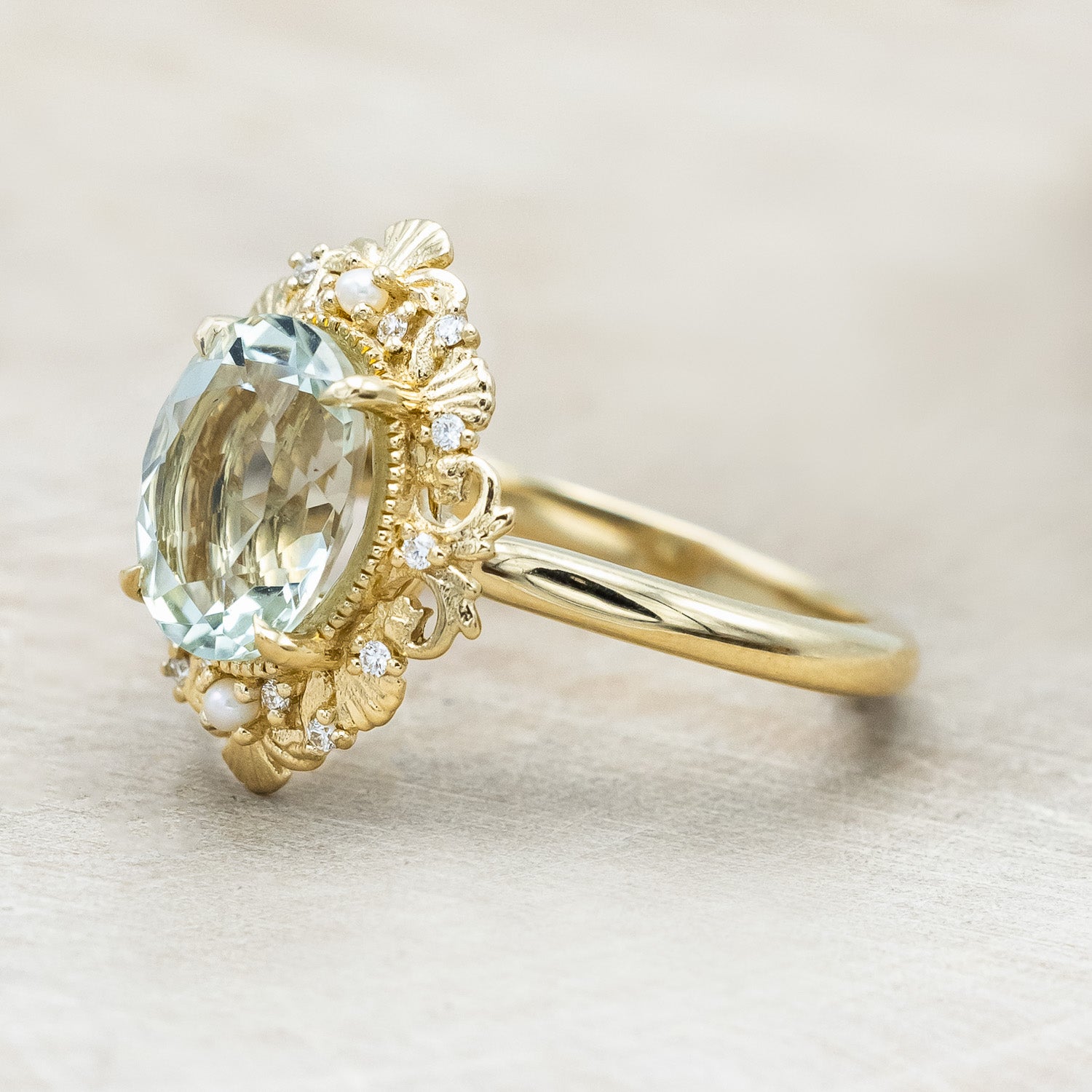 "MERROW" - OVAL GREEN PRASIOLITE ENGAGEMENT RING WITH DIAMOND & PEARL ACCENTS-Staghead Designs