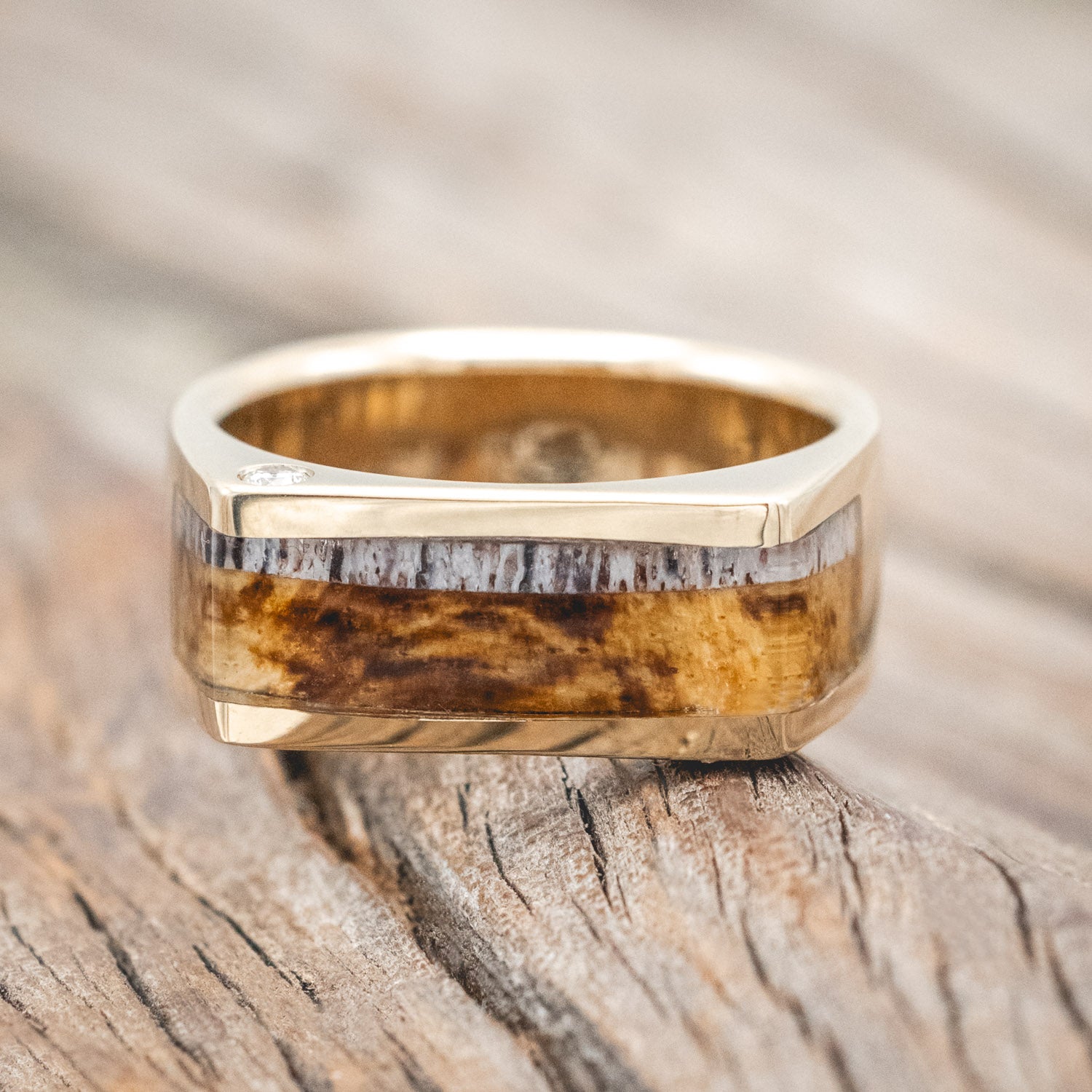"MESA" - SPALTED MAPLE, ELK ANTLER & OFFSET DIAMONDS 14K GOLD WEDDING BAND-Staghead Designs