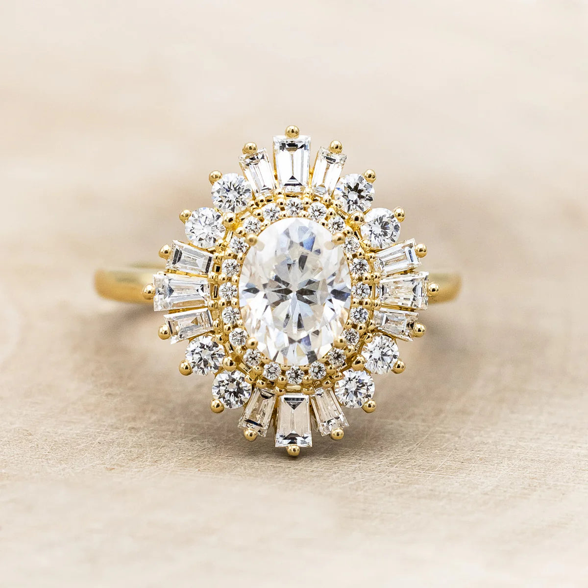 "APHRODITE" - OVAL CUT MOISSANITE ENGAGEMENT RING WITH DIAMOND HALO - 14K YELLOW GOLD - SIZE 7-Staghead Designs