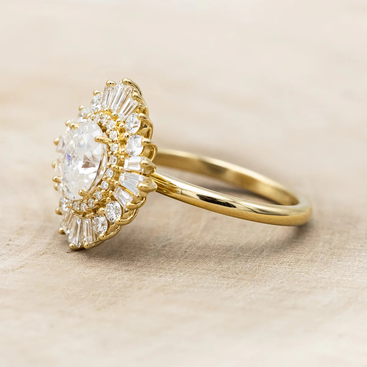 "APHRODITE" - OVAL CUT MOISSANITE ENGAGEMENT RING WITH DIAMOND HALO - 14K YELLOW GOLD - SIZE 7-Staghead Designs