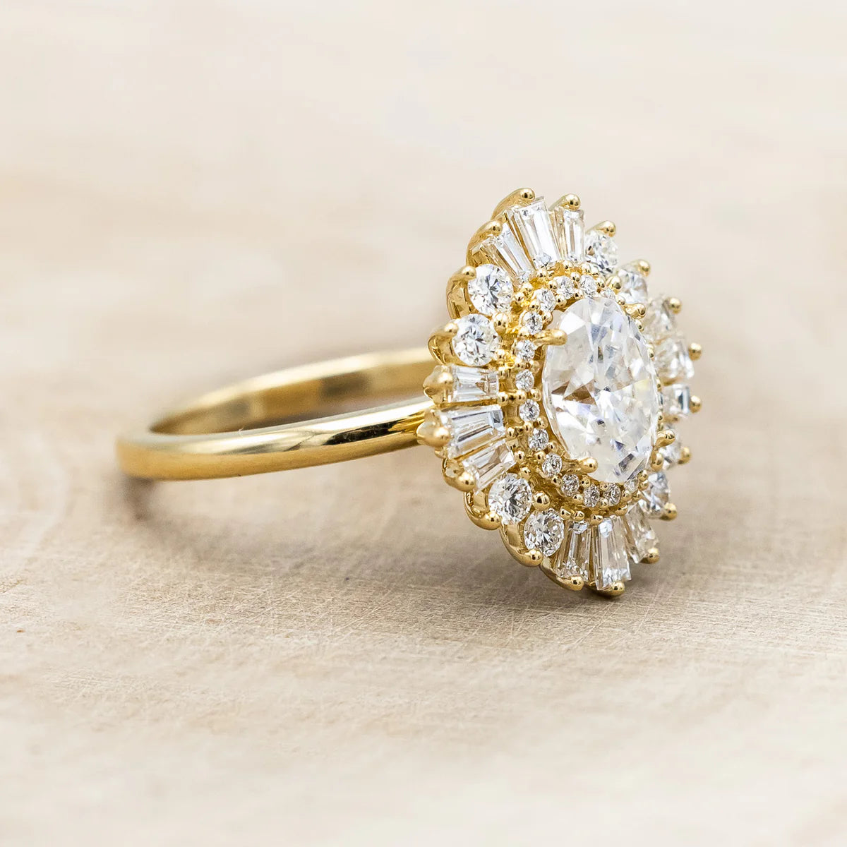 "APHRODITE" - OVAL CUT MOISSANITE ENGAGEMENT RING WITH DIAMOND HALO - 14K YELLOW GOLD - SIZE 7-Staghead Designs