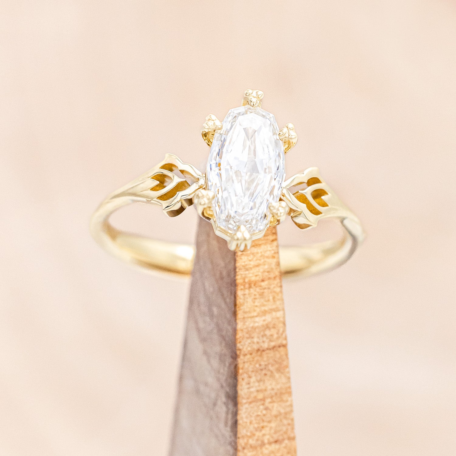 "Morrigan" - solitaire geo-cut diamond women's engagement ring on an ornate 14K yellow gold band