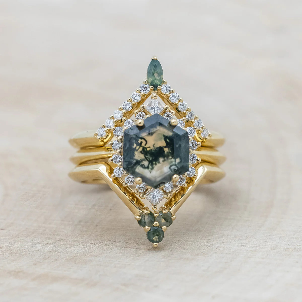 "NEREZZA" - BRIDAL SUITE - HEXAGON CUT MOSS AGATE ENGAGEMENT RING WITH DIAMOND ACCENTS - 14K YELLOW GOLD - SIZE 6-Staghead Designs