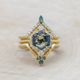 "NEREZZA" - BRIDAL SUITE - HEXAGON CUT MOSS AGATE ENGAGEMENT RING WITH DIAMOND ACCENTS & TRACERS-Staghead Designs