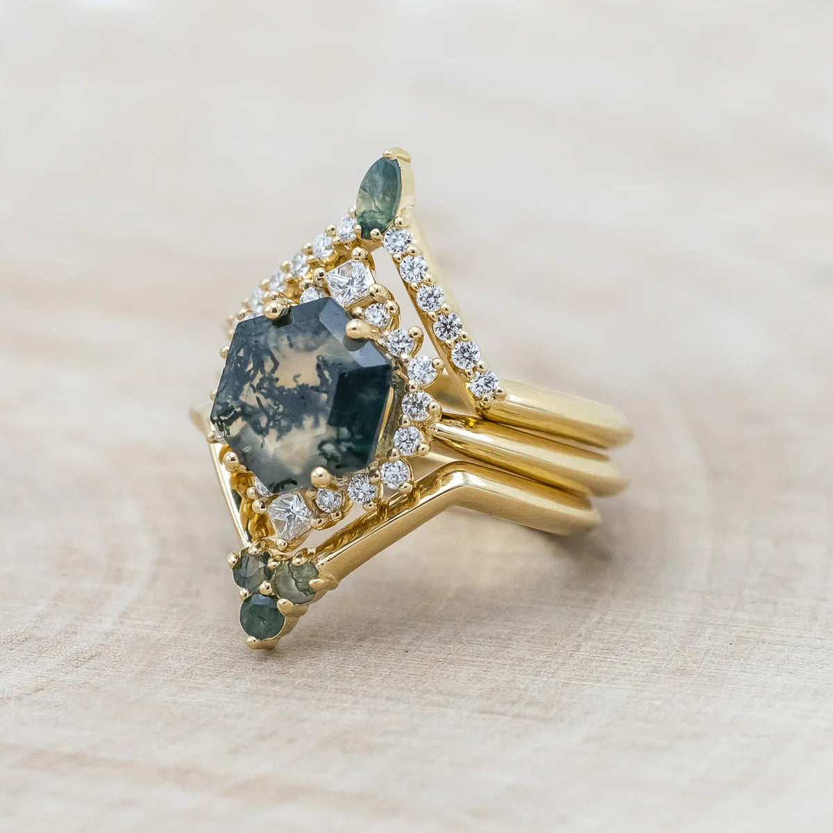 "NEREZZA" - BRIDAL SUITE - HEXAGON CUT MOSS AGATE ENGAGEMENT RING WITH DIAMOND ACCENTS - 14K YELLOW GOLD - SIZE 6-Staghead Designs