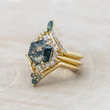 "NEREZZA" - BRIDAL SUITE - HEXAGON CUT MOSS AGATE ENGAGEMENT RING WITH DIAMOND ACCENTS & TRACERS-Staghead Designs