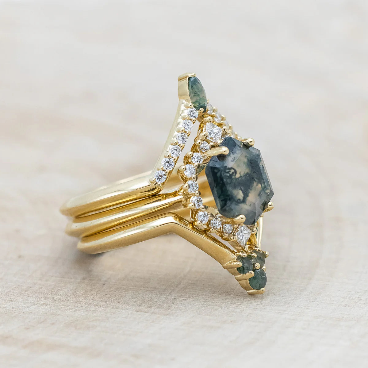 "NEREZZA" - BRIDAL SUITE - HEXAGON CUT MOSS AGATE ENGAGEMENT RING WITH DIAMOND ACCENTS - 14K YELLOW GOLD - SIZE 6-Staghead Designs