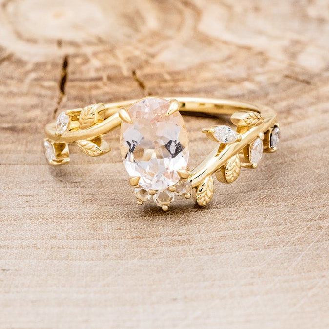 "CAELUM" - VINE STYLE OVAL MORGANITE ENGAGEMENT RING SET WITH LEAF & DIAMOND ACCENTS-10