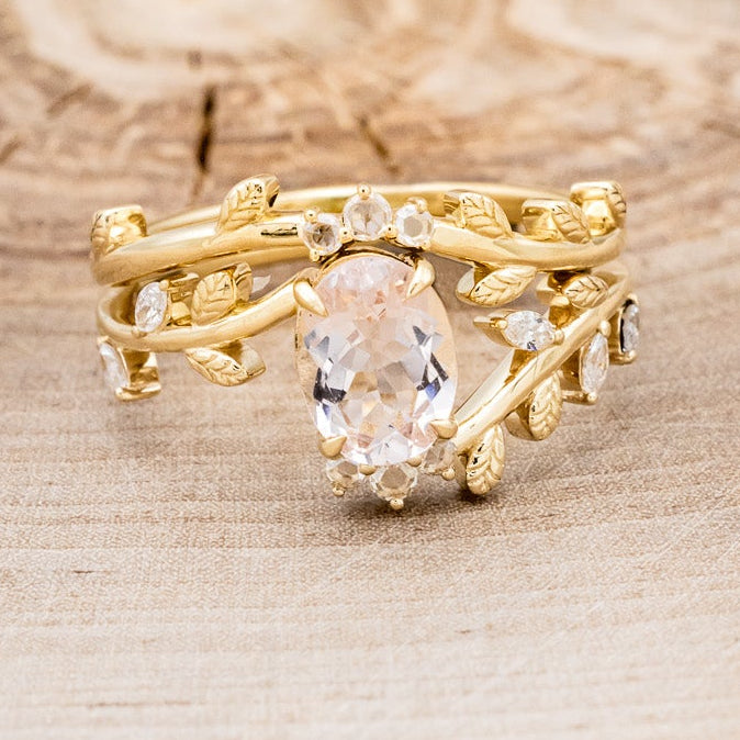 "CAELUM" - VINE STYLE OVAL MORGANITE ENGAGEMENT RING SET WITH LEAF & DIAMOND ACCENTS-4