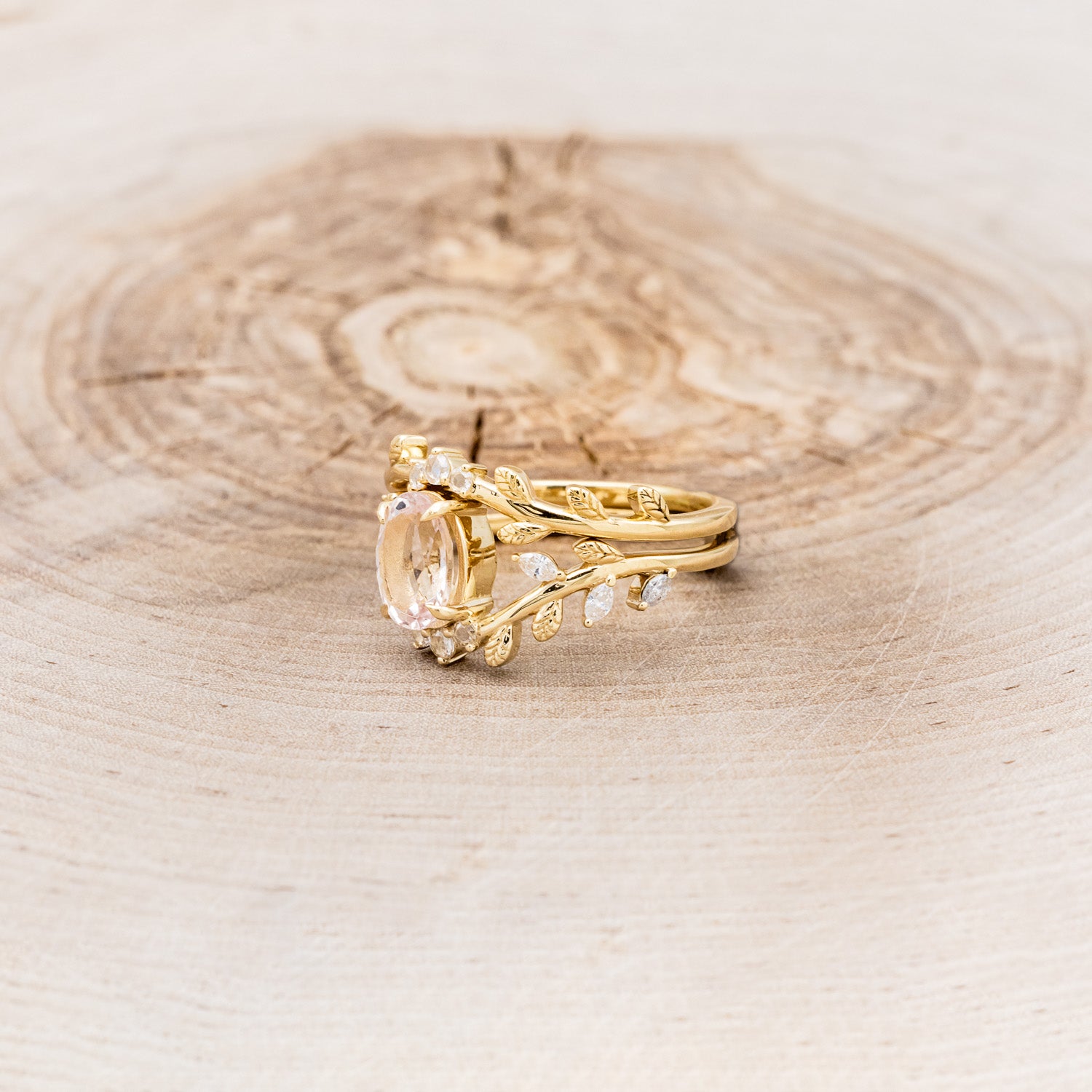 "CAELUM" - VINE STYLE OVAL MORGANITE ENGAGEMENT RING SET WITH LEAF & DIAMOND ACCENTS-3