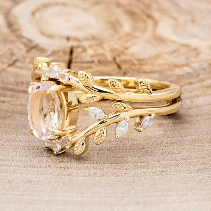 "CAELUM" - VINE STYLE OVAL MORGANITE ENGAGEMENT RING SET WITH LEAF & DIAMOND ACCENTS-3