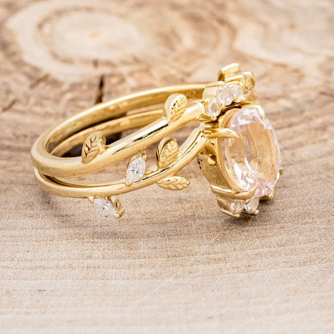 "CAELUM" - VINE STYLE OVAL MORGANITE ENGAGEMENT RING SET WITH LEAF & DIAMOND ACCENTS-2