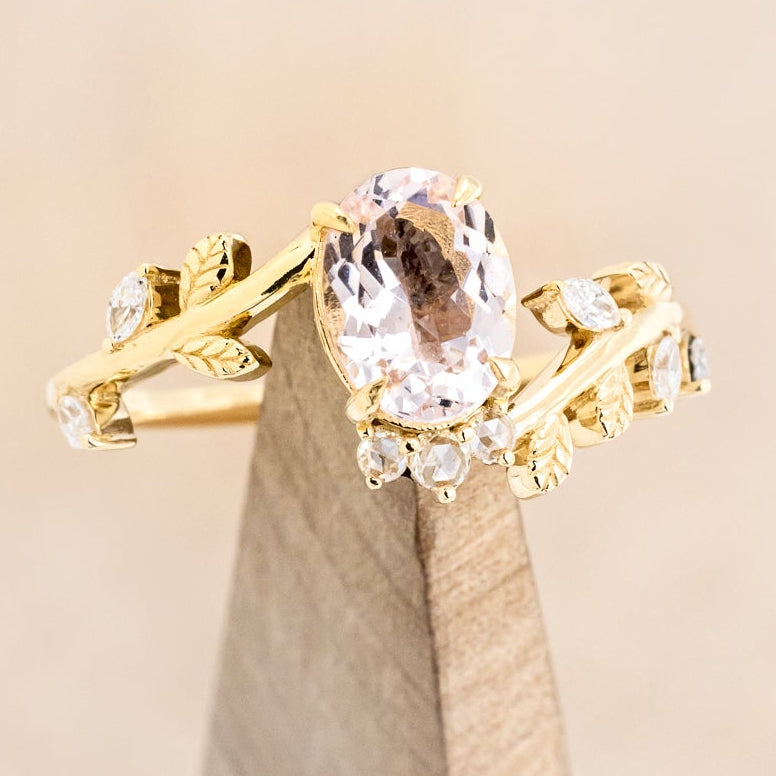 "CAELUM" - VINE STYLE OVAL MORGANITE ENGAGEMENT RING SET WITH LEAF & DIAMOND ACCENTS-7