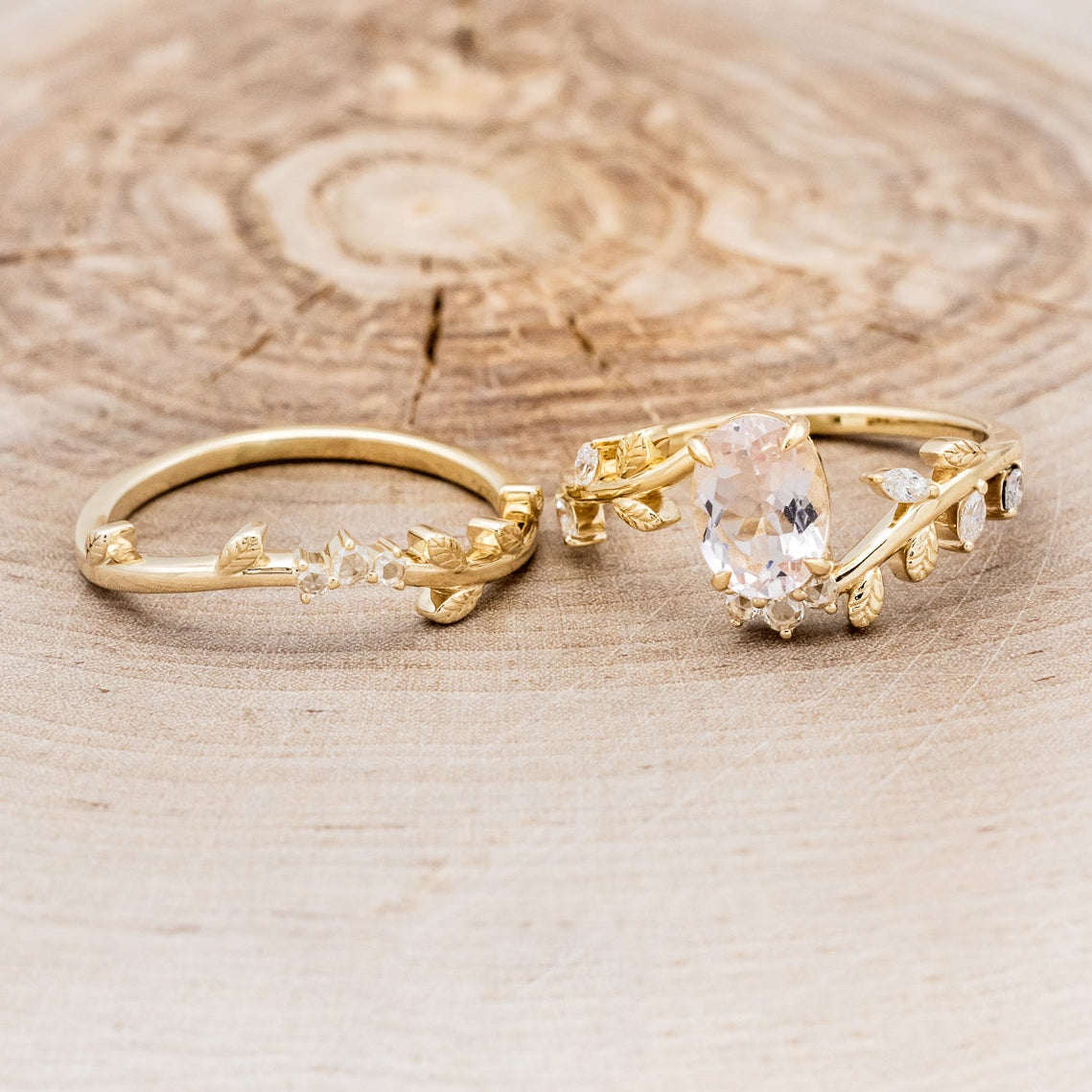 "CAELUM" - VINE STYLE OVAL MORGANITE ENGAGEMENT RING SET WITH LEAF & DIAMOND ACCENTS-5