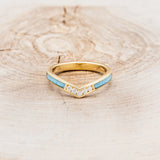 "KIDA" - V-SHAPED STACKING BAND WITH TURQUOISE INLAYS & DIAMOND ACCENTS - 14K YELLOW GOLD - SIZE 8 1/2-Staghead Designs